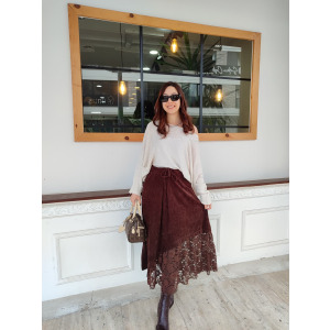 YAN DANTELLİ KADİFE ETEK